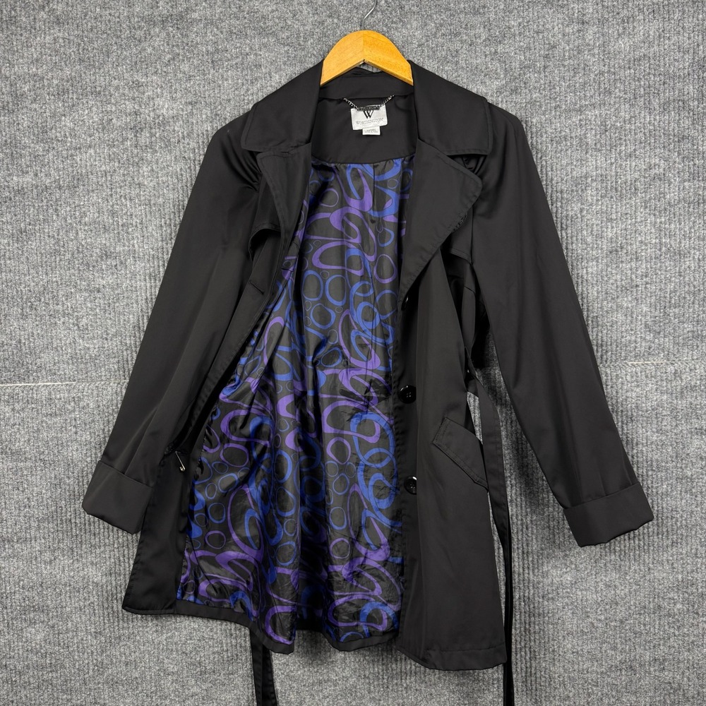 Worthington Trench Coat Womens L Black Belted Purple Print Lining Lightweight